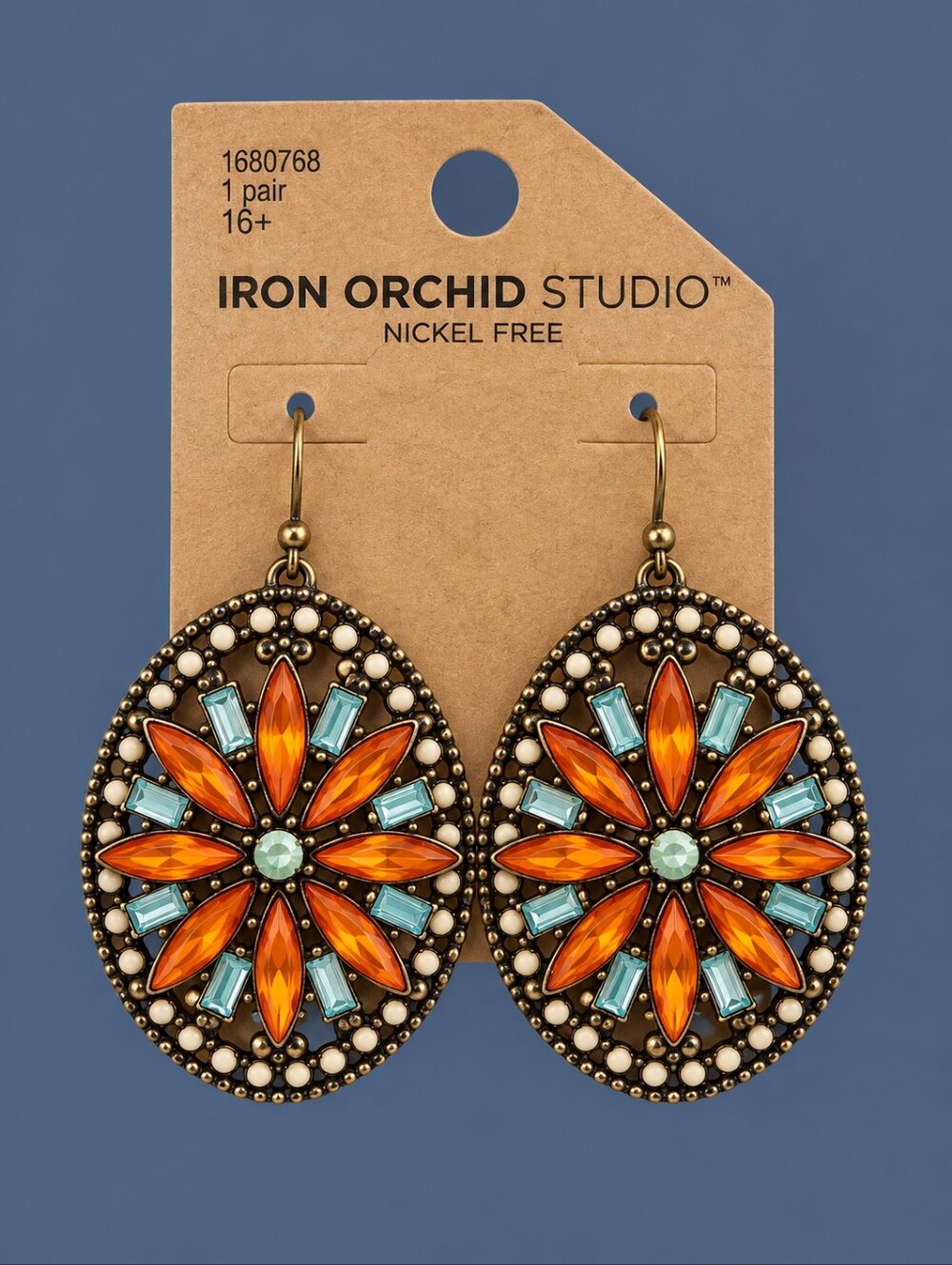 IRON ORCHID STUDIO Orange and Blue Crystal Floral Dangle Earrings